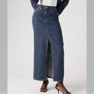 Levi's Premium Ankle Column Denim Skirt Striped Partly Masked Dark Wash NWT